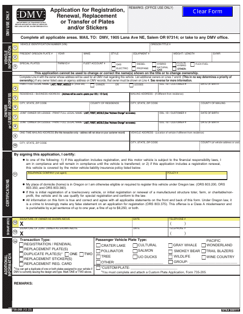 Form 735-268 Application for Registration, Renewal, Replacement or Transfer of Plates and/or Sticke - Oregon