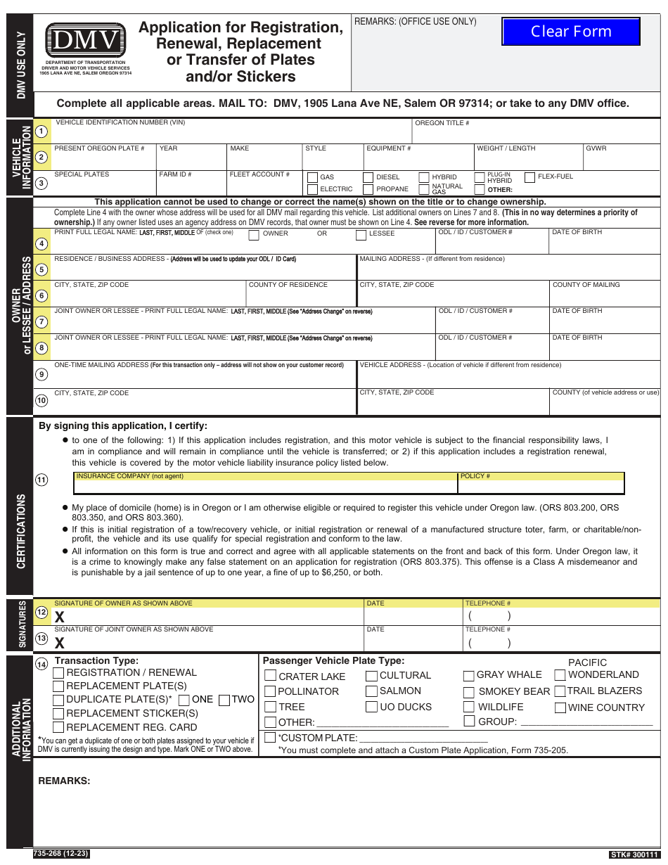 Form 735-268 Application for Registration, Renewal, Replacement or Transfer of Plates and / or Sticke - Oregon, Page 1