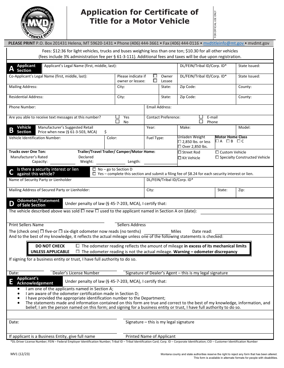 Form MV1 Application for Certificate of Title for a Motor Vehicle - Montana, Page 1