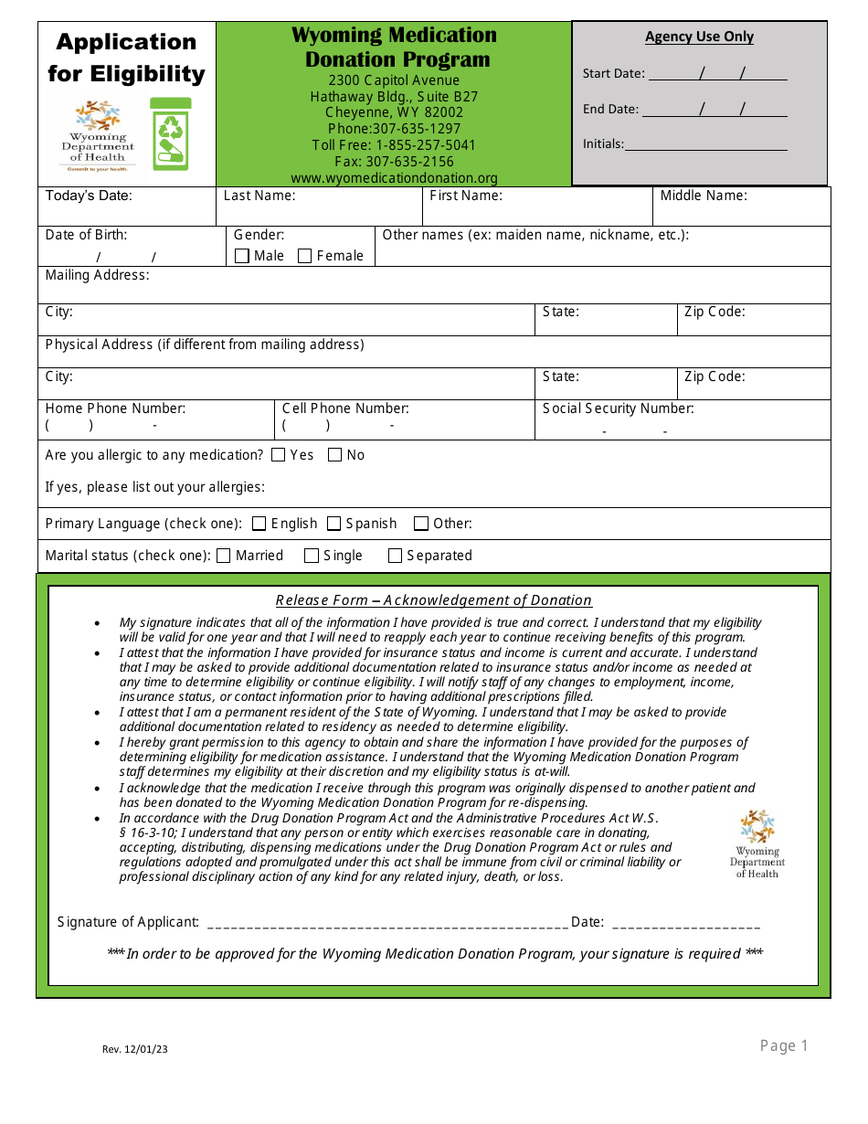 Application for Eligibility - Wyoming Medication Donation Program - Wyoming, Page 2