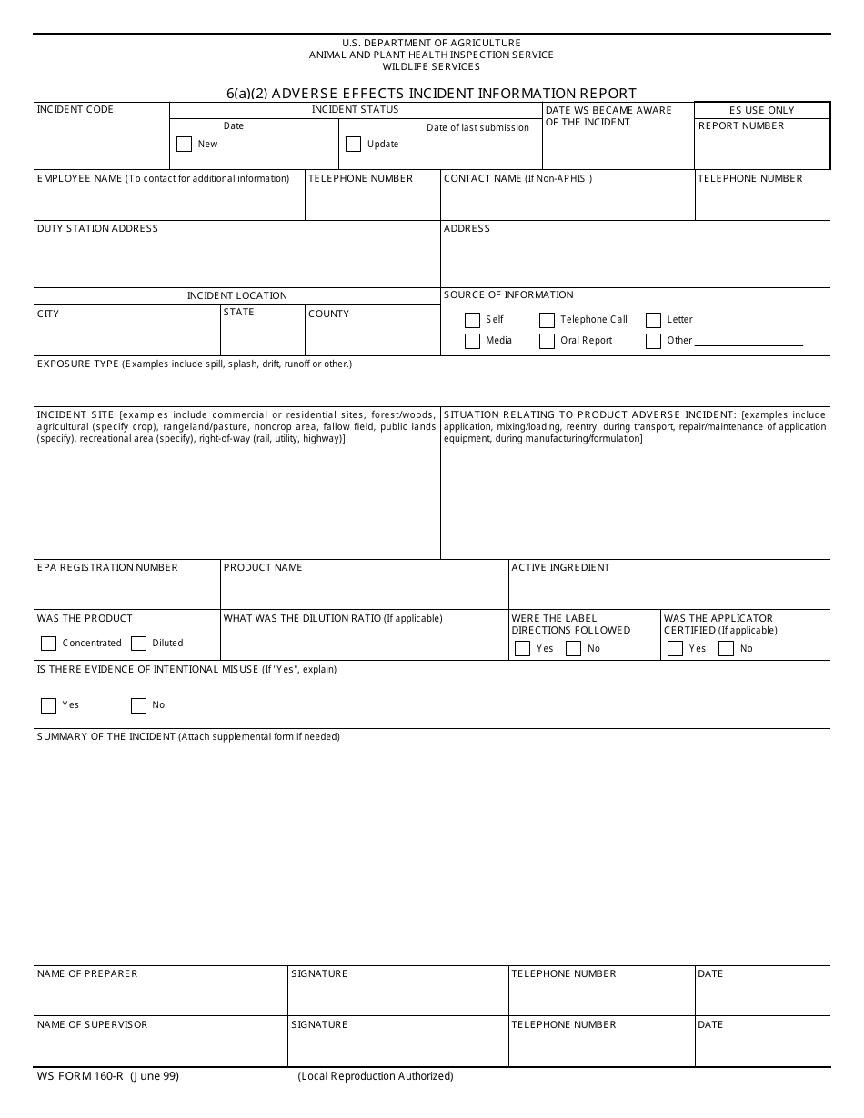 WS Form 160-R 6(A)(2) Adverse Effects Incident Information Report, Page 1