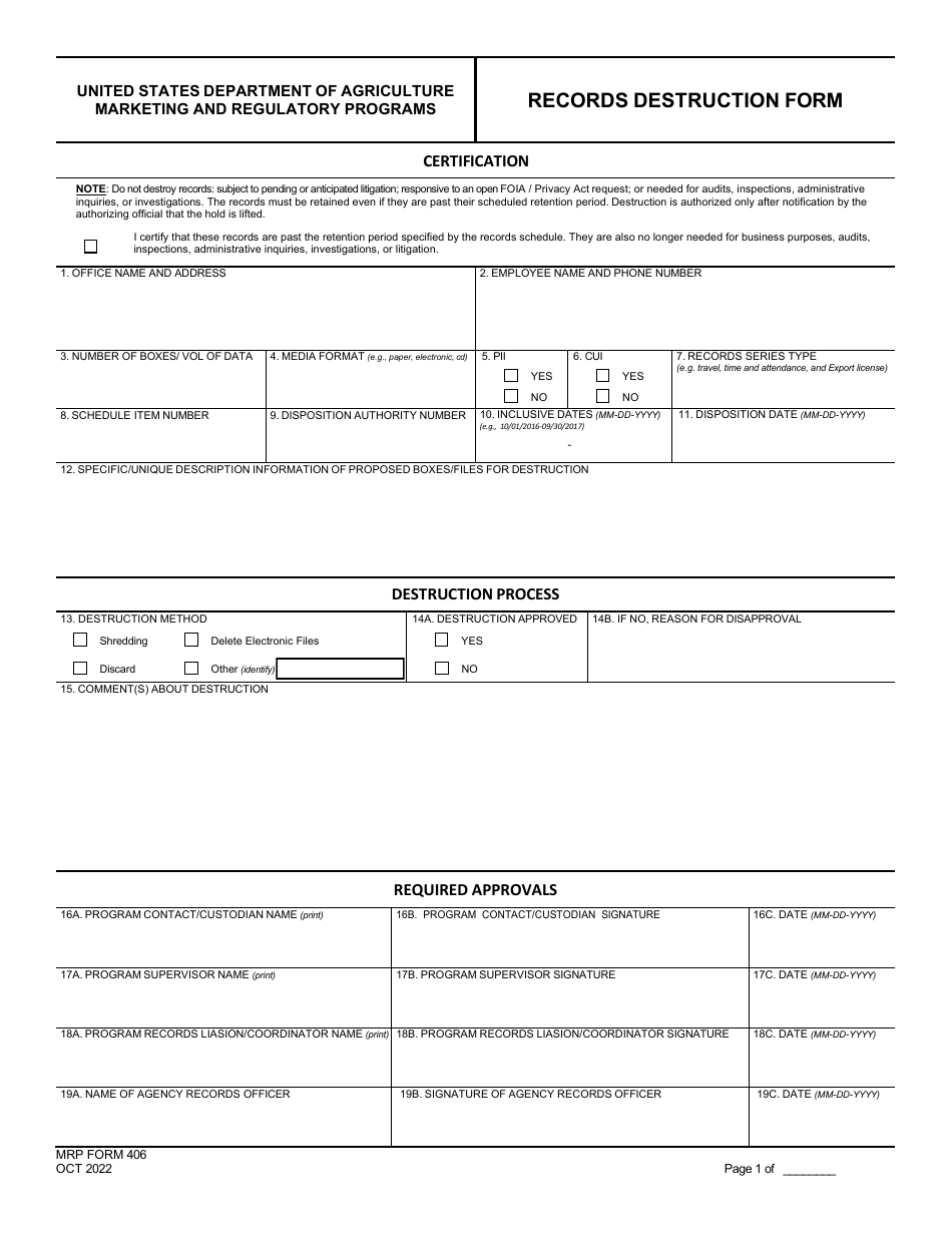 MRP Form 406 Records Destruction Form, Page 1