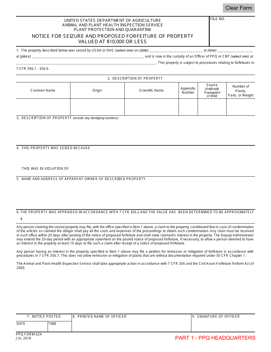 PPQ Form 624 Notice for Seizure and Proposed Forfeiture of Property Valued at $10,000 or Less, Page 1