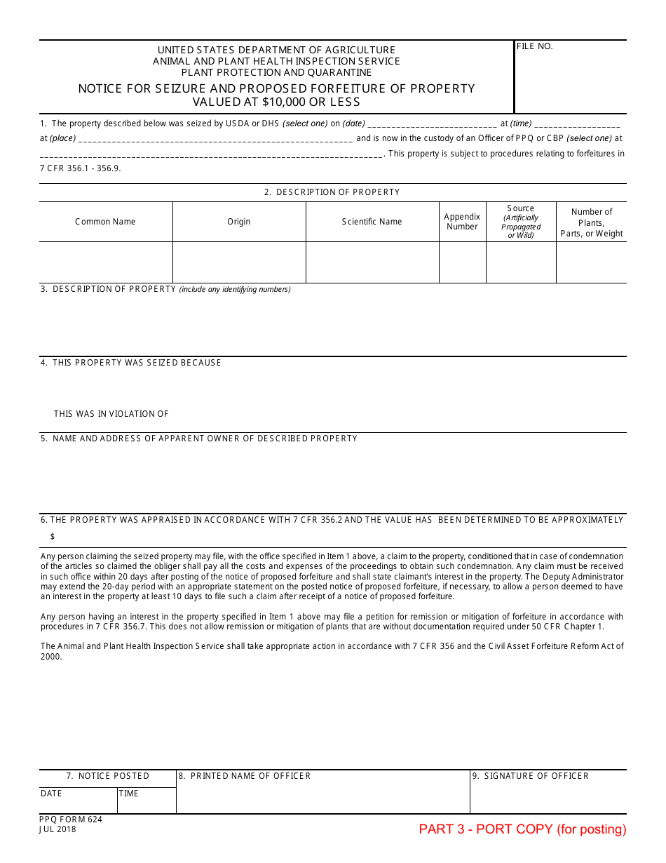 PPQ Form 624 Notice for Seizure and Proposed Forfeiture of Property Valued at $10,000 or Less, Page 3