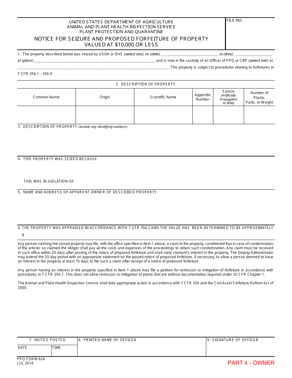 PPQ Form 624 Notice for Seizure and Proposed Forfeiture of Property Valued at $10,000 or Less, Page 4