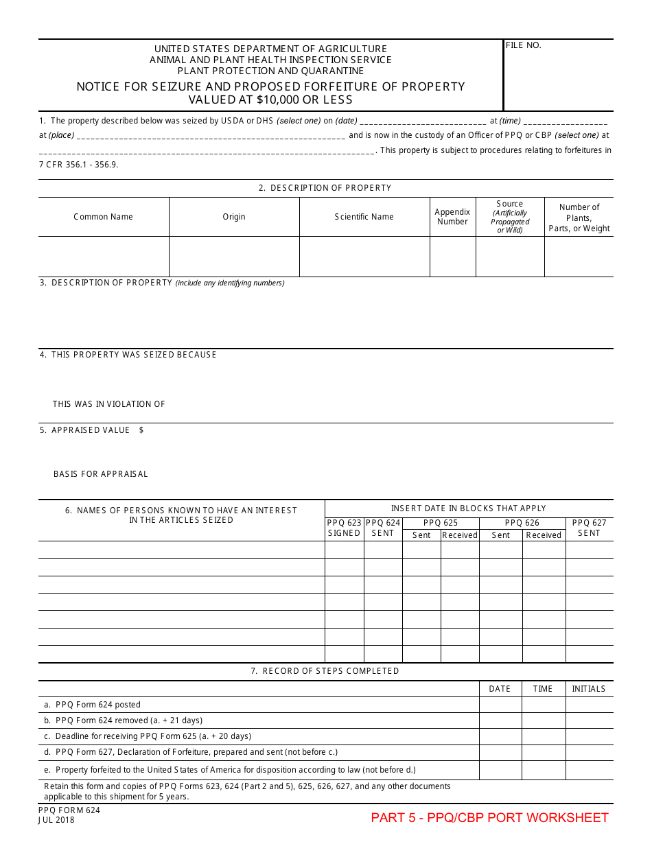PPQ Form 624 Notice for Seizure and Proposed Forfeiture of Property Valued at $10,000 or Less, Page 5