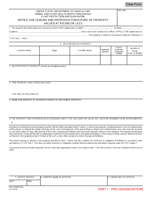 PPQ Form 624 Notice for Seizure and Proposed Forfeiture of Property Valued at $10,000 or Less