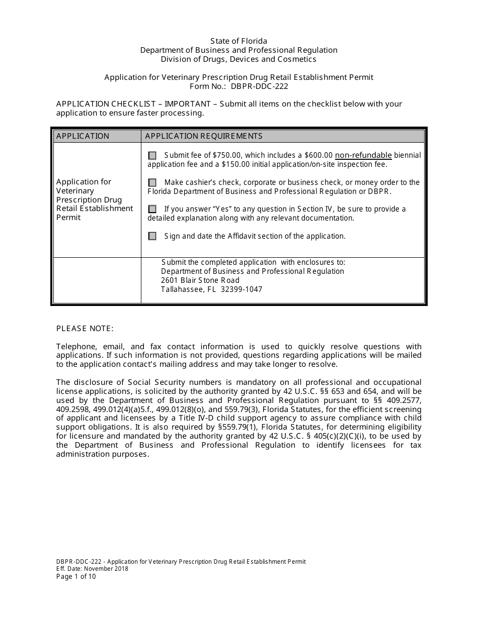 Form DBPR-DDC-222 Application for Veterinary Prescription Drug Retail Establishment Permit - Florida, Page 1