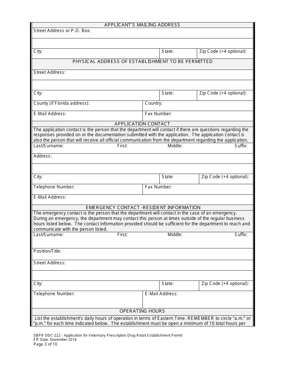 Form DBPR-DDC-222 Application for Veterinary Prescription Drug Retail Establishment Permit - Florida, Page 3