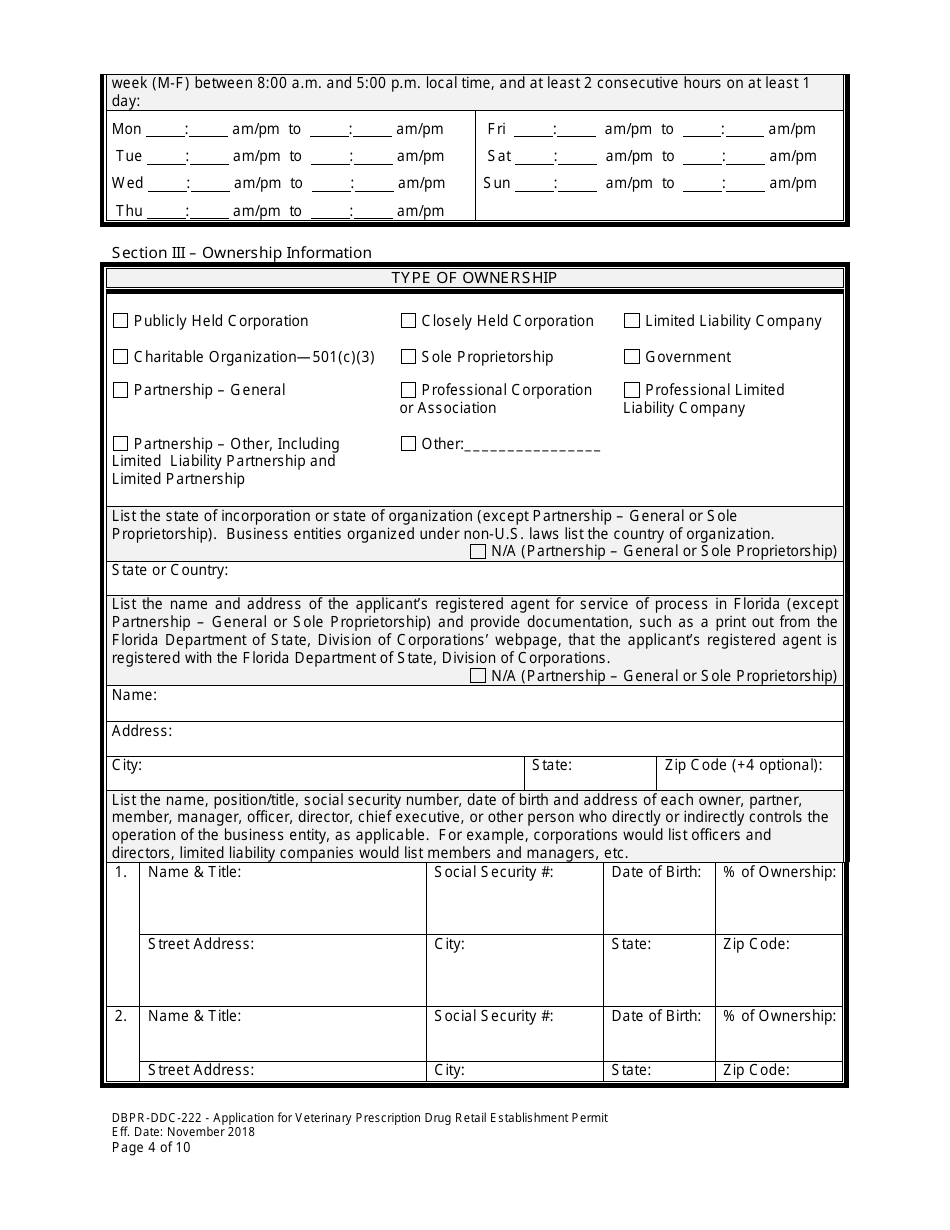 Form DBPR-DDC-222 Application for Veterinary Prescription Drug Retail Establishment Permit - Florida, Page 4
