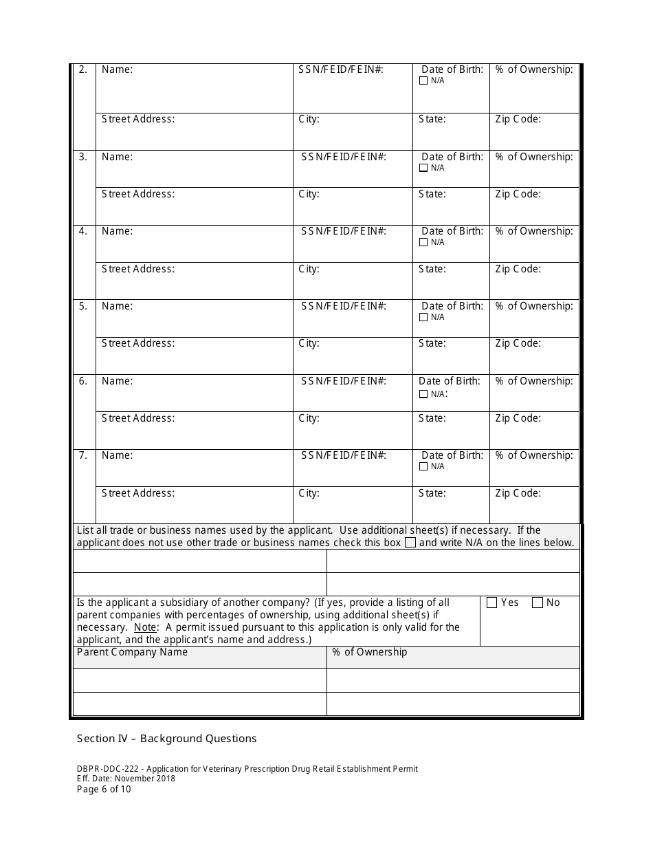 Form DBPR-DDC-222 Application for Veterinary Prescription Drug Retail Establishment Permit - Florida, Page 6