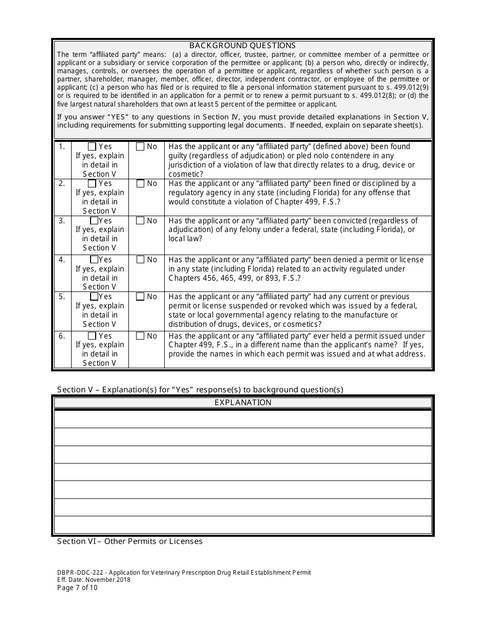 Form DBPR-DDC-222 Application for Veterinary Prescription Drug Retail Establishment Permit - Florida, Page 7