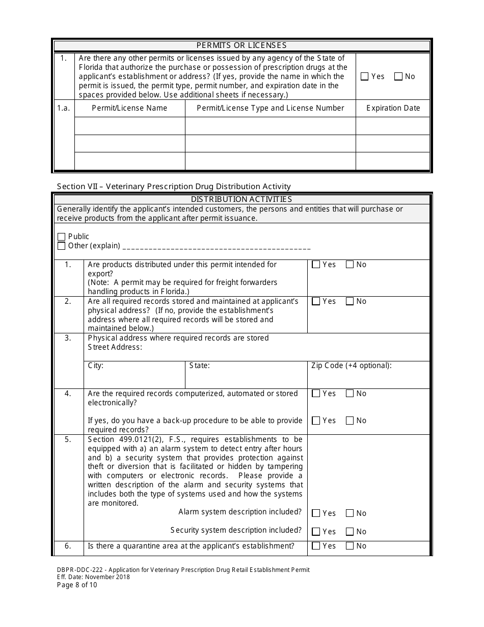 Form DBPR-DDC-222 Application for Veterinary Prescription Drug Retail Establishment Permit - Florida, Page 8