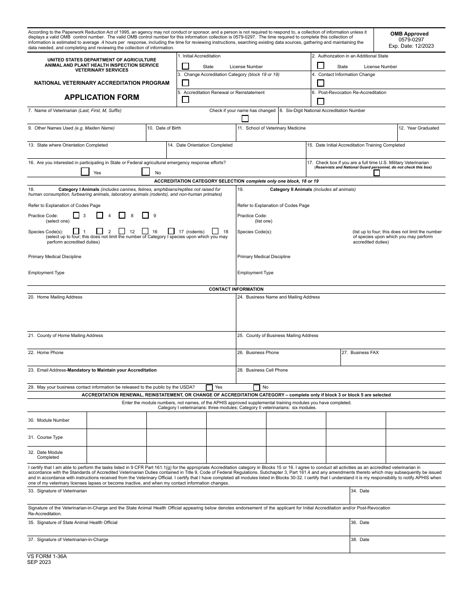 VS Form 1-36A Application Form - National Veterinary Accreditation Program, Page 1