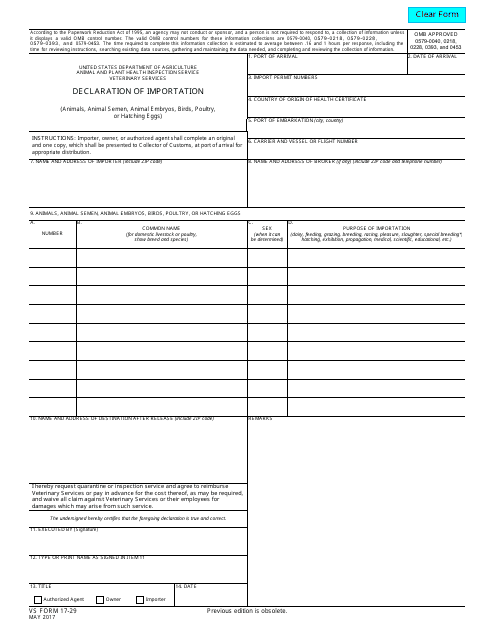 VS Form 17-29 Declaration of Importation (Animals, Animal Semen, Animal Embryos, Birds, Poultry, or Hatching Eggs)