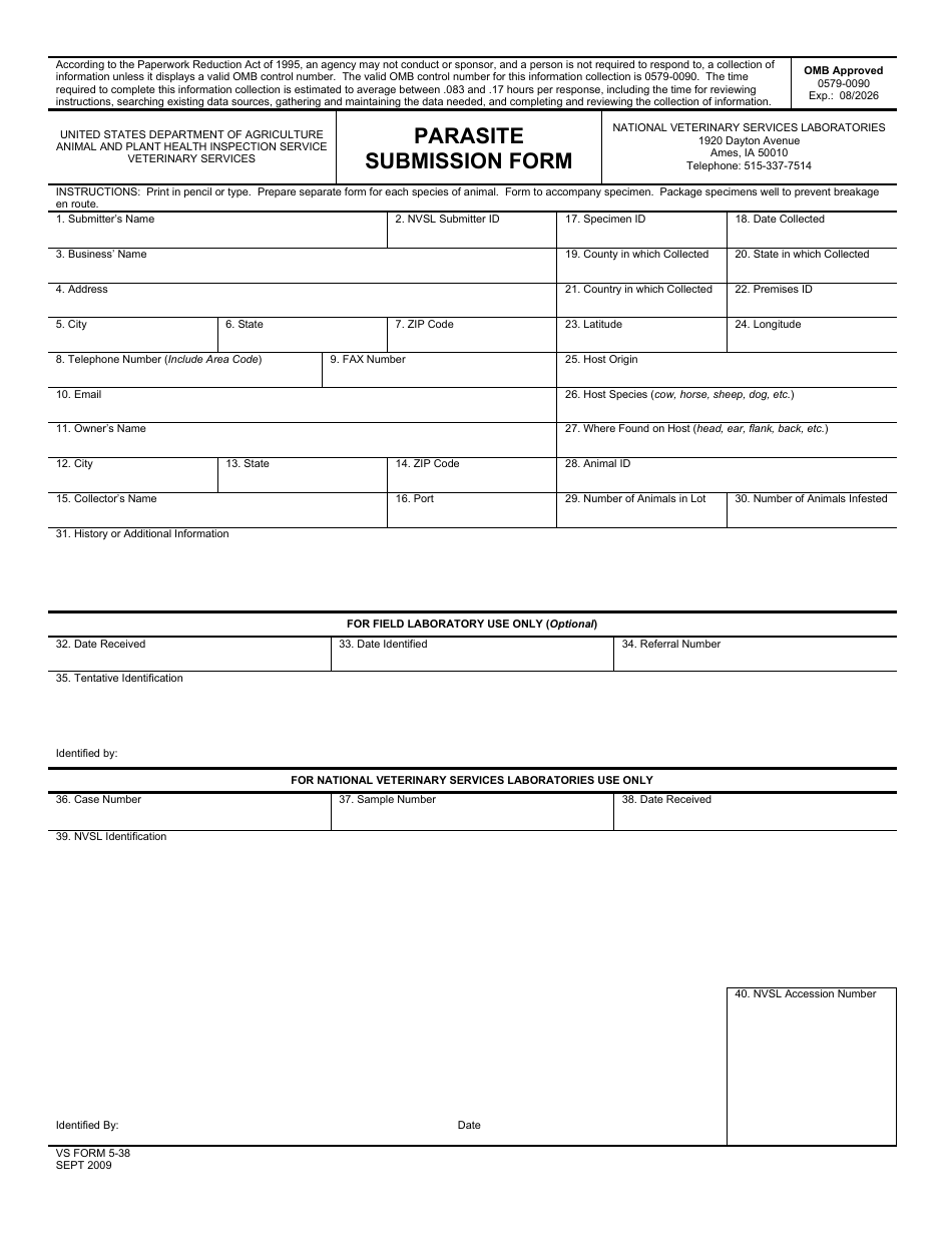 VS Form 5-38 Parasite Submission Form, Page 1