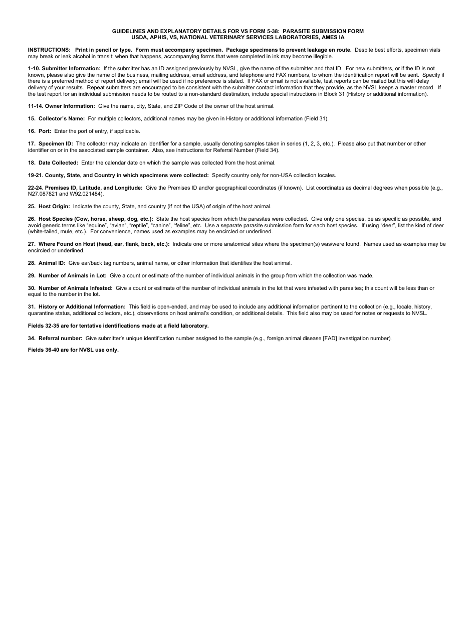 VS Form 5-38 Parasite Submission Form, Page 2
