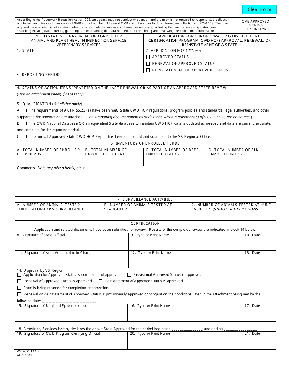 VS Form 11-2 Application for Chronic Wasting Disease Herd Certification Program (Cwd Hcp) Approval, Renewal, or Reinstatement of a State, Page 1
