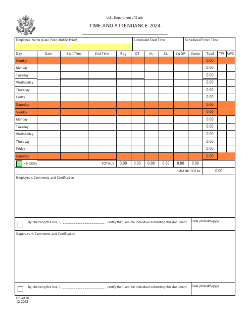 Form DS-4170 Time and Attendance, 2024