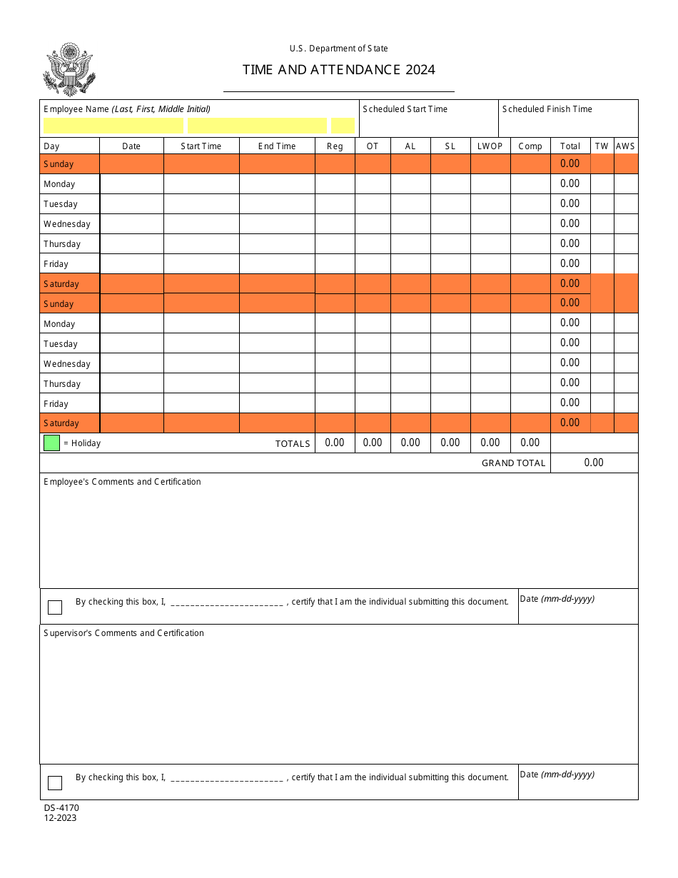 Form DS-4170 Time and Attendance, Page 1