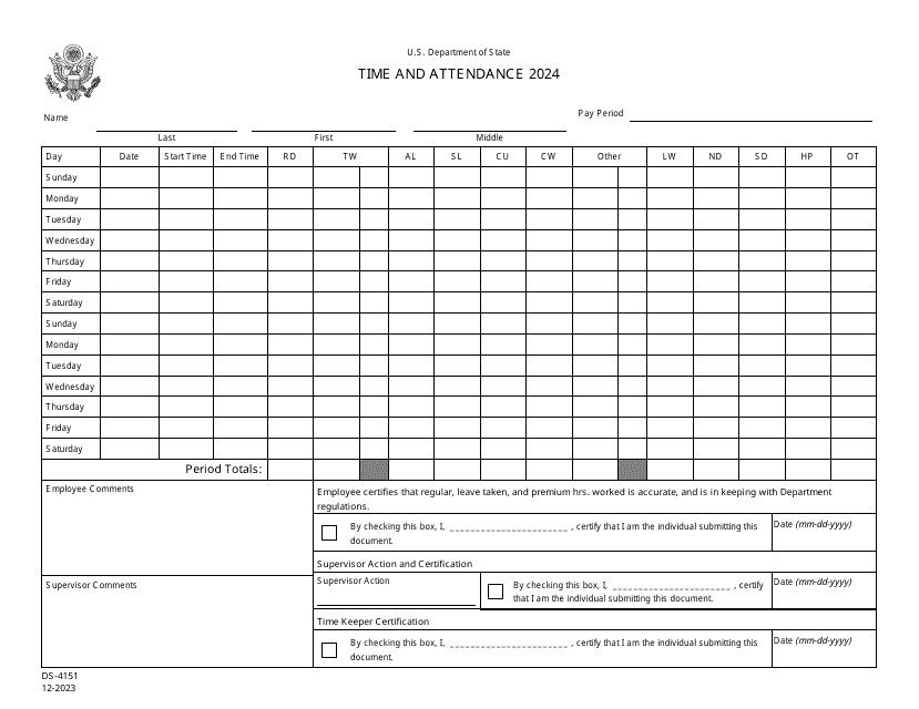 Form DS-4151 Time and Attendance, 2024