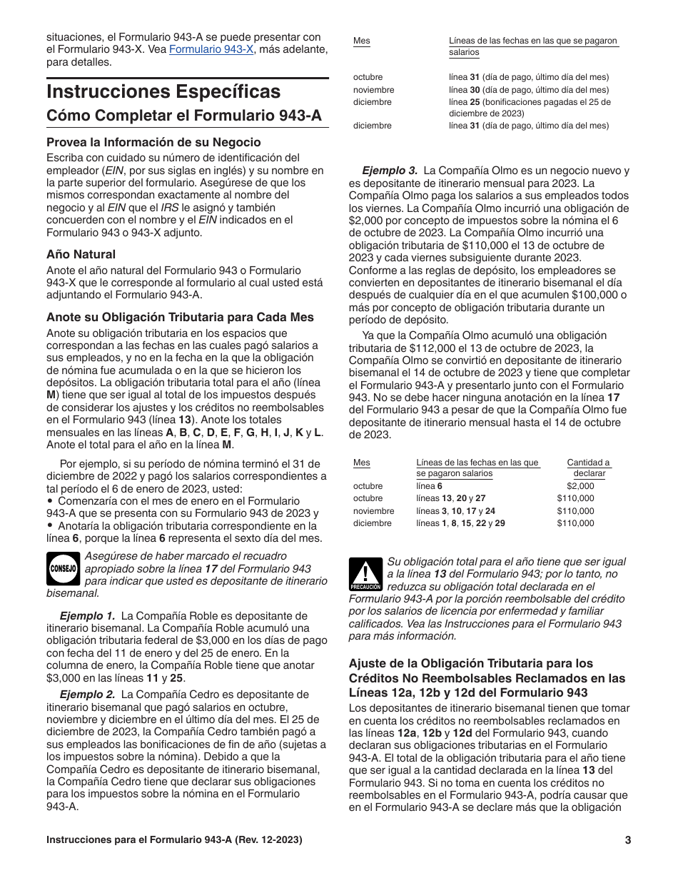 Instrucciones para IRS Formulario 943-A (SP) Registro De La Obligacion Tributaria Federal Del Empleador Agropecuario (Spanish), Page 3