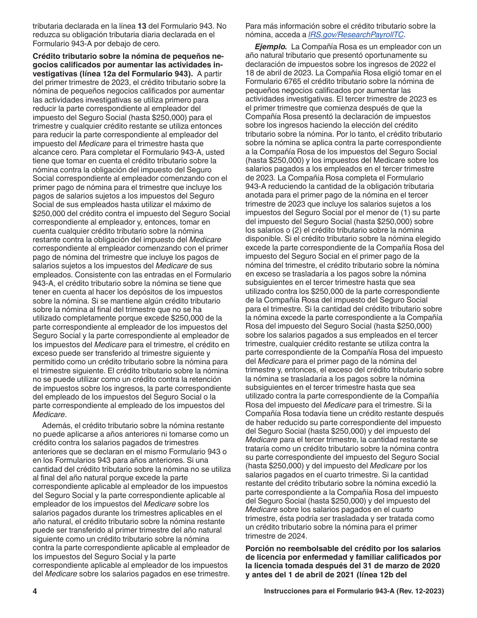 Instrucciones para IRS Formulario 943-A (SP) Registro De La Obligacion Tributaria Federal Del Empleador Agropecuario (Spanish), Page 4