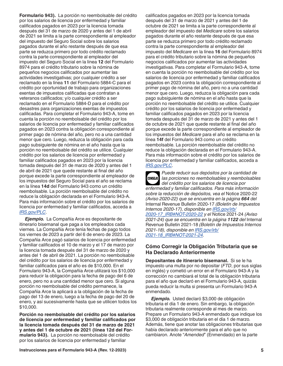 Instrucciones para IRS Formulario 943-A (SP) Registro De La Obligacion Tributaria Federal Del Empleador Agropecuario (Spanish), Page 5