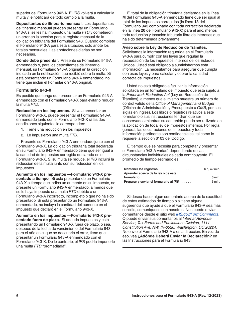 Instrucciones para IRS Formulario 943-A (SP) Registro De La Obligacion Tributaria Federal Del Empleador Agropecuario (Spanish), Page 6