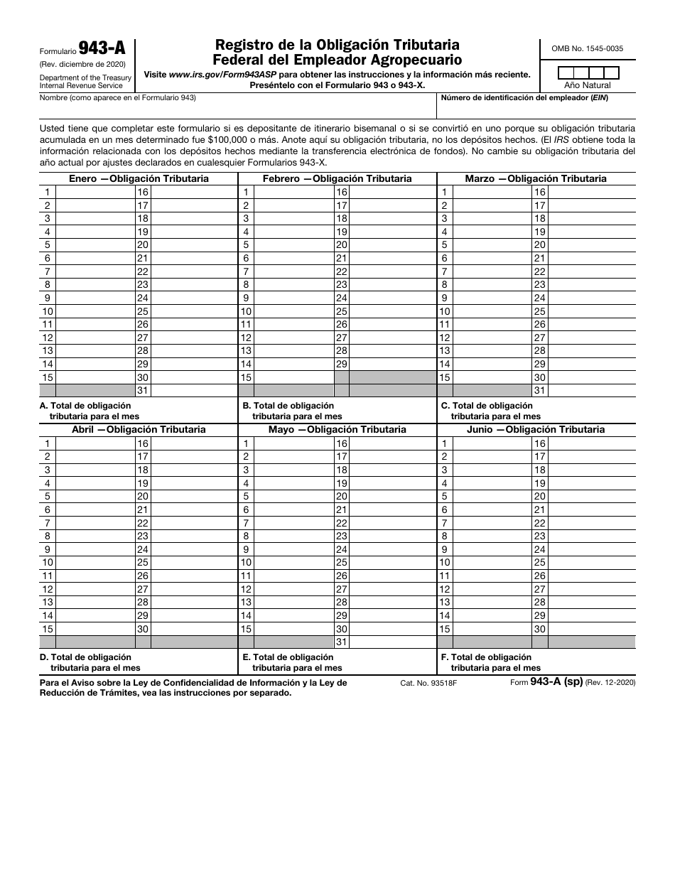 IRS Formulario 943-A (SP) Registro De La Obligacion Tributaria Federal Del Empleador Agropecuario (Spanish), Page 1