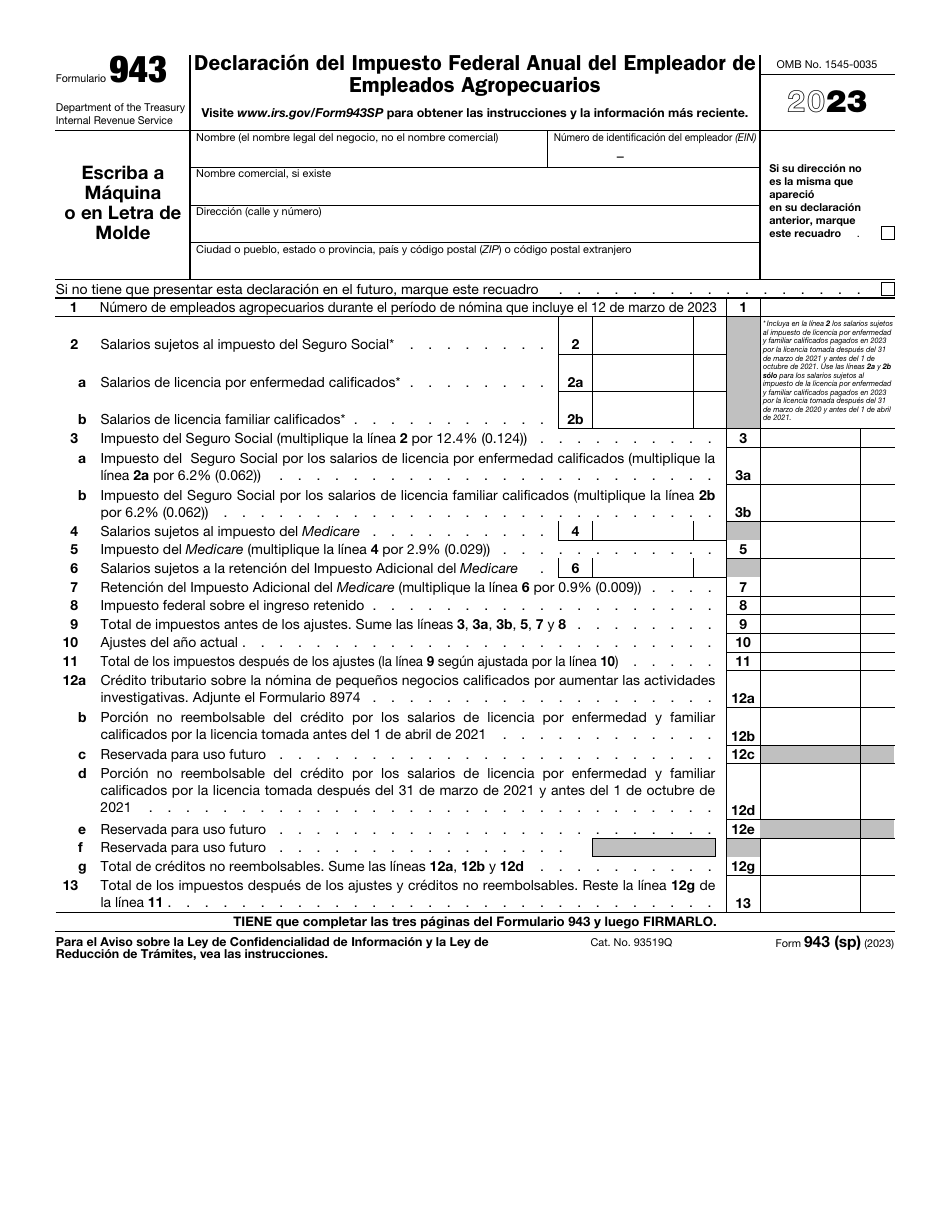 IRS Formulario 943 (SP) Declaracion Del Impuesto Federal Anual Del Empleador De Empleados Agropecuarios (Spanish), Page 1