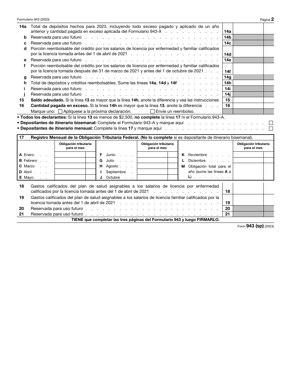 IRS Formulario 943 (SP) Declaracion Del Impuesto Federal Anual Del Empleador De Empleados Agropecuarios (Spanish), Page 2