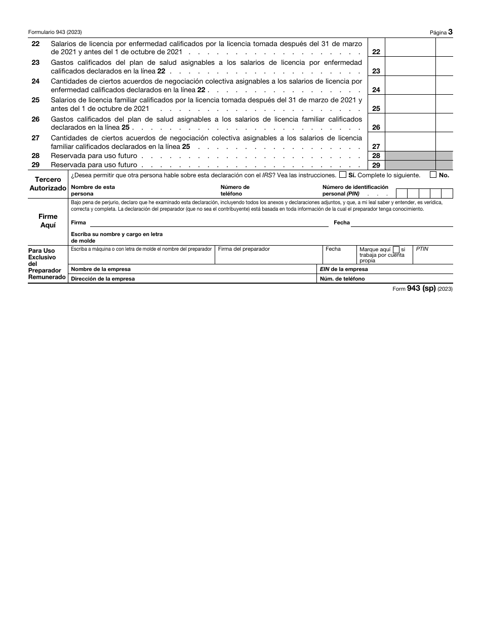 IRS Formulario 943 (SP) Declaracion Del Impuesto Federal Anual Del Empleador De Empleados Agropecuarios (Spanish), Page 3