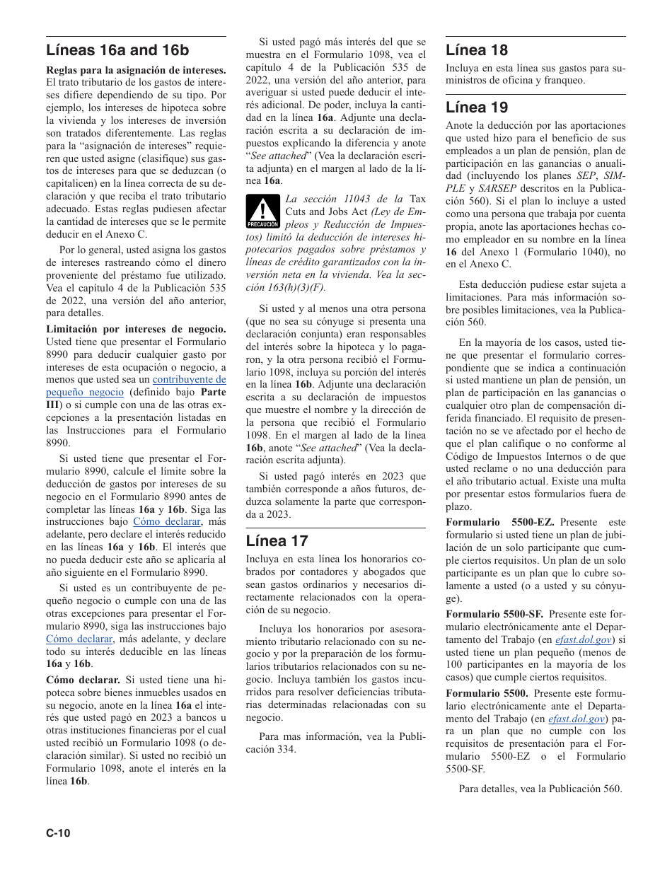 Instrucciones para IRS Formulario 1040 Anexo C Ganancias O Perdidas De Negocios (Spanish), Page 10