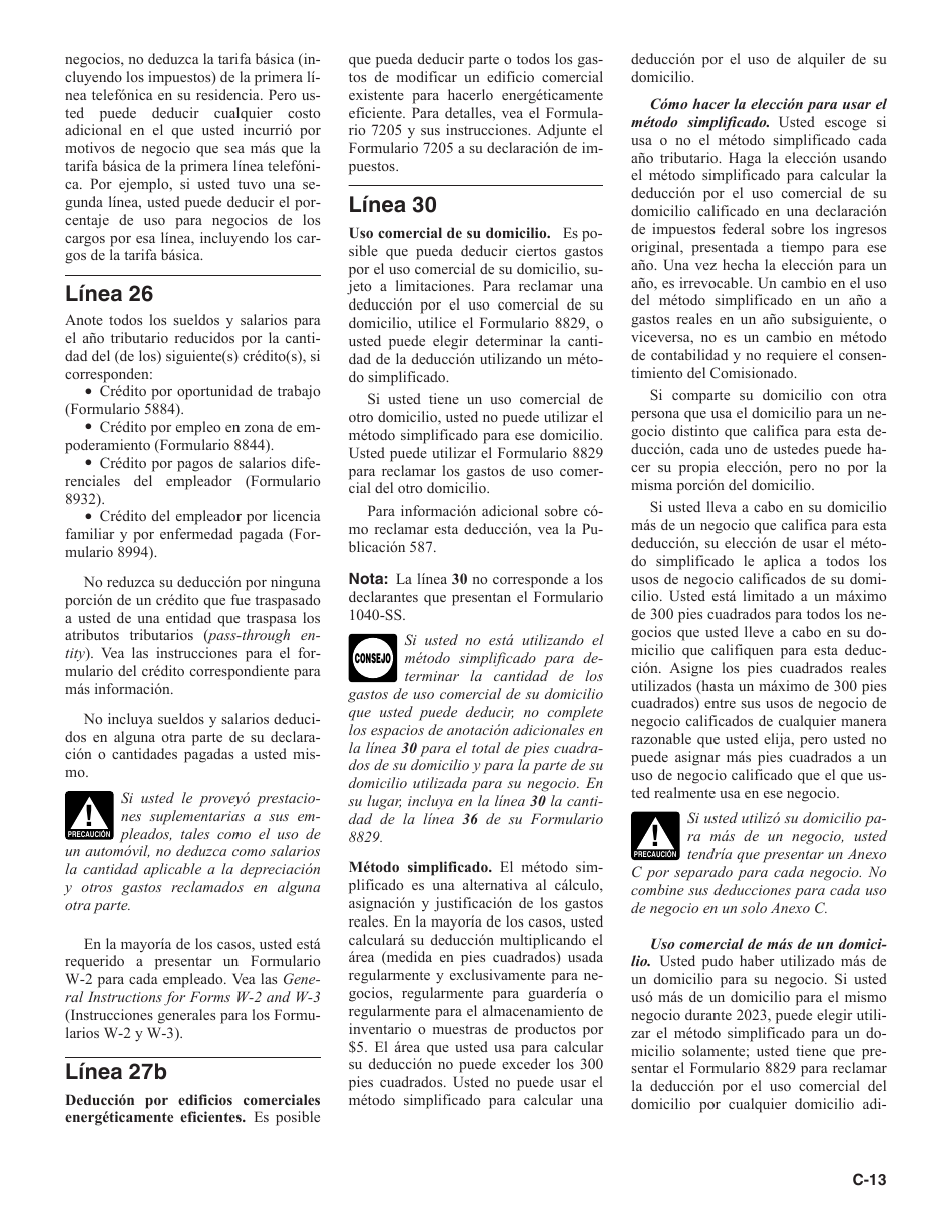Instrucciones para IRS Formulario 1040 Anexo C Ganancias O Perdidas De Negocios (Spanish), Page 13