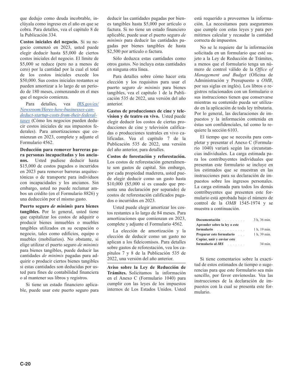 Instrucciones para IRS Formulario 1040 Anexo C Ganancias O Perdidas De Negocios (Spanish), Page 20