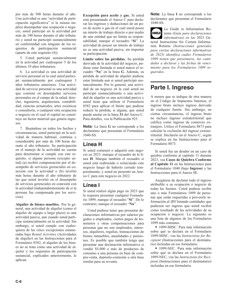 Instrucciones para IRS Formulario 1040 Anexo C Ganancias O Perdidas De Negocios (Spanish), Page 6