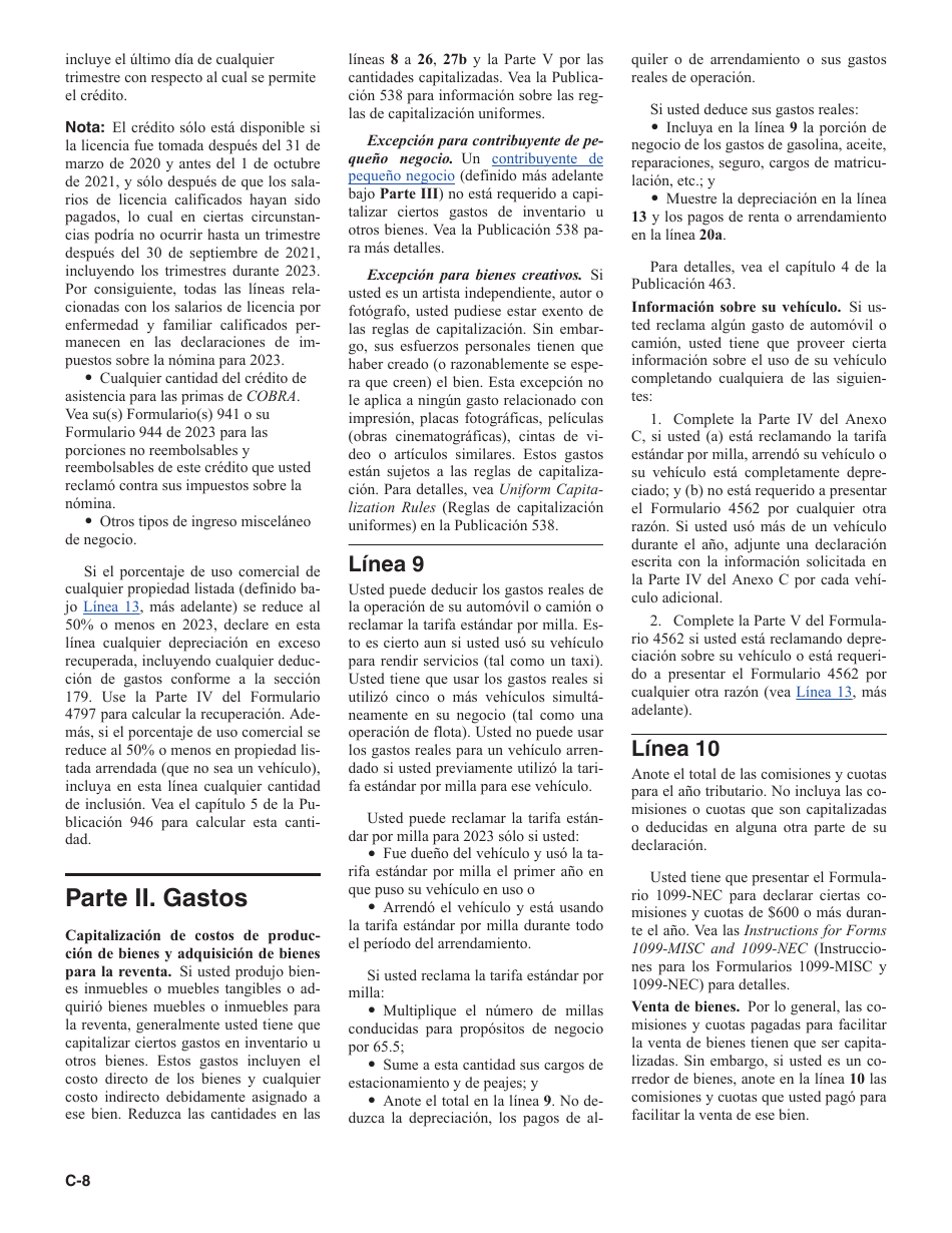 Instrucciones para IRS Formulario 1040 Anexo C Ganancias O Perdidas De Negocios (Spanish), Page 8
