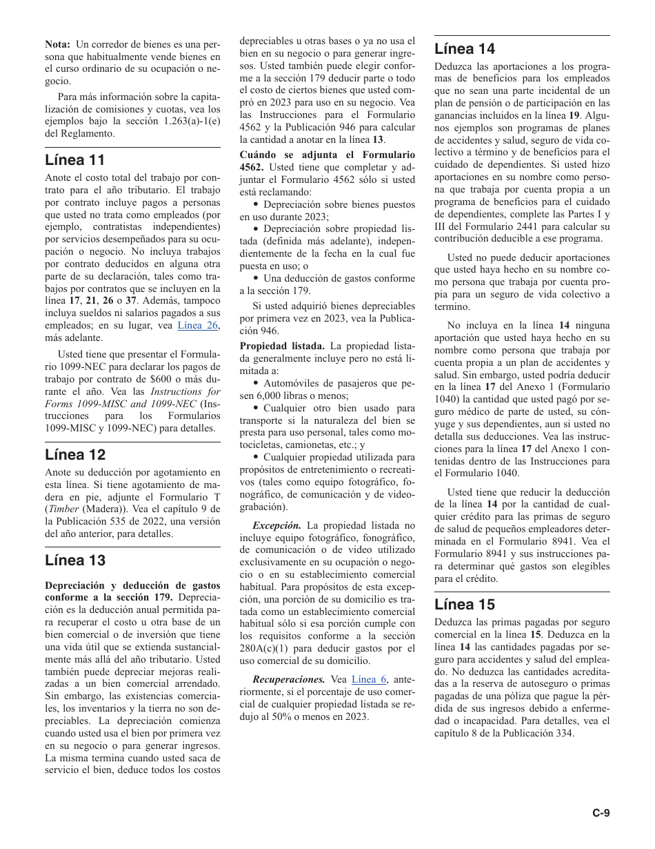 Instrucciones para IRS Formulario 1040 Anexo C Ganancias O Perdidas De Negocios (Spanish), Page 9