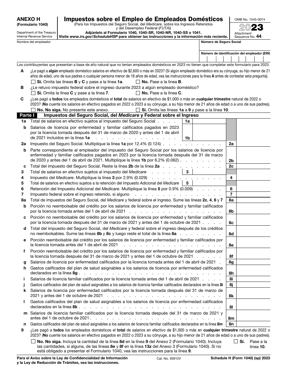 IRS Formulario 1040 (SP) Anexo H Impuestos Sobre El Empleo De Empleados Domesticos (Spanish), Page 1