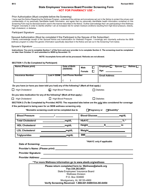 Form IB13 Provider Screening Form - Alabama
