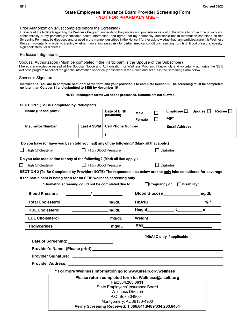 Form IB13 Provider Screening Form - Alabama, Page 1