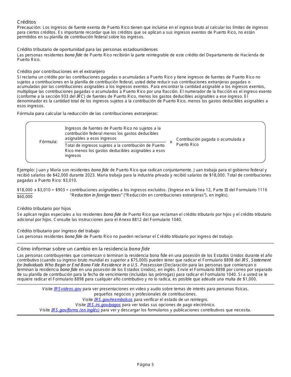 Instrucciones Especiales Para Las Personas Residentes Bona Fide De Puerto Rico Que Deben Radicar Una Planilla De Contribucion De Los Estados Unidos Sobre Los Ingresos Personales (Formulario 1040 O Formulario 1040-sr) (Spanish), Page 5