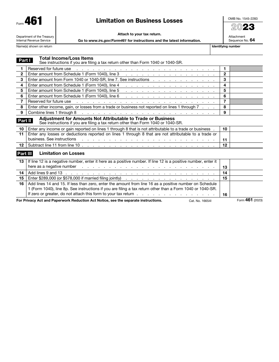 IRS Form 461 Limitation on Business Losses, Page 1