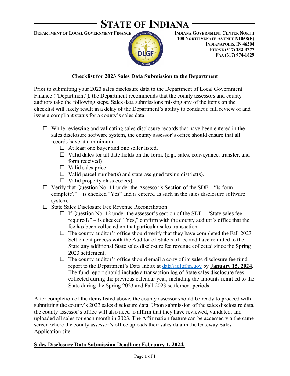 Checklist for Sales Data Submission to the Department - Indiana, Page 1