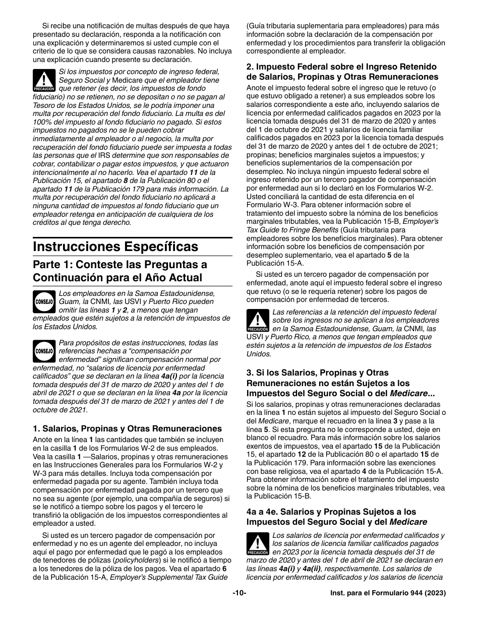 Instrucciones para IRS Formulario 944 (SP) Declaracion Del Impuesto Federal Anual Del Empleador (Spanish), Page 10