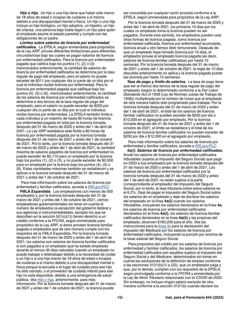Instrucciones para IRS Formulario 944 (SP) Declaracion Del Impuesto Federal Anual Del Empleador (Spanish), Page 12