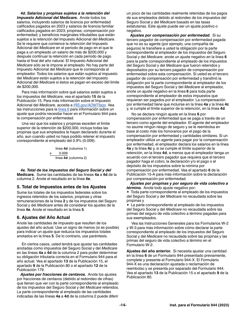 Instrucciones para IRS Formulario 944 (SP) Declaracion Del Impuesto Federal Anual Del Empleador (Spanish), Page 14