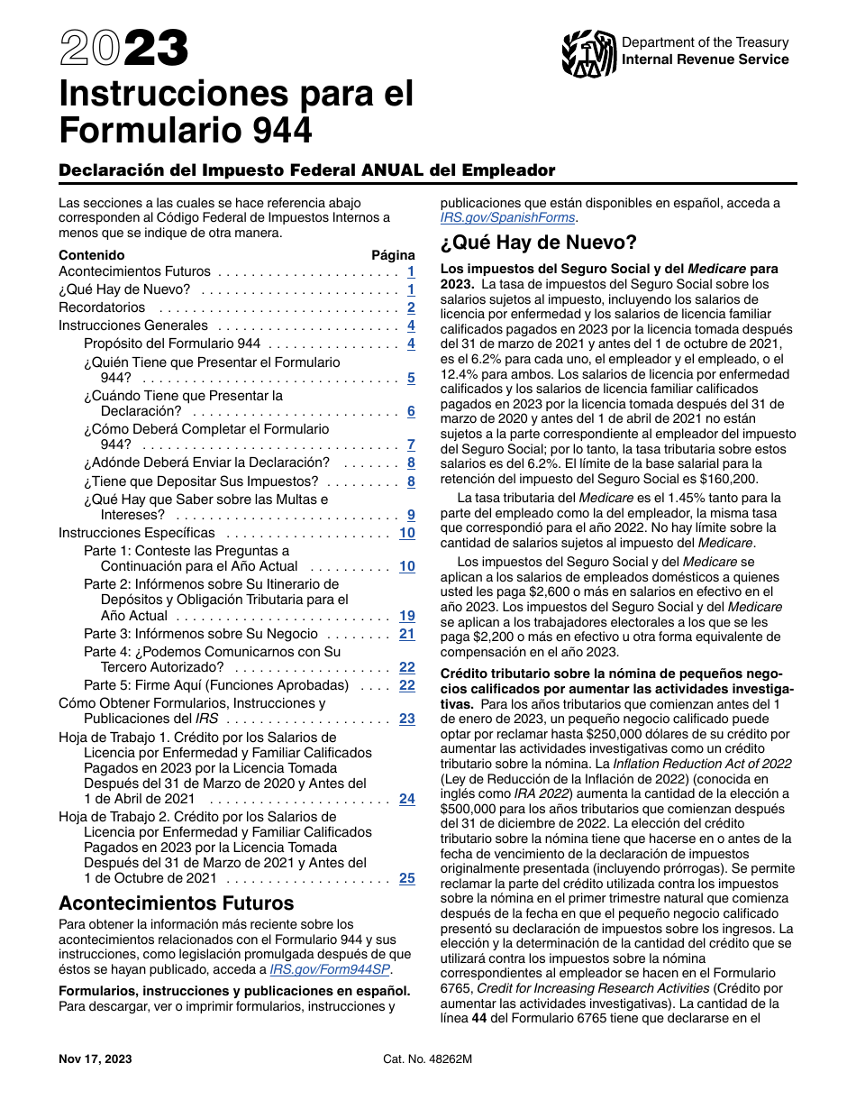 Instrucciones para IRS Formulario 944 (SP) Declaracion Del Impuesto Federal Anual Del Empleador (Spanish), Page 1