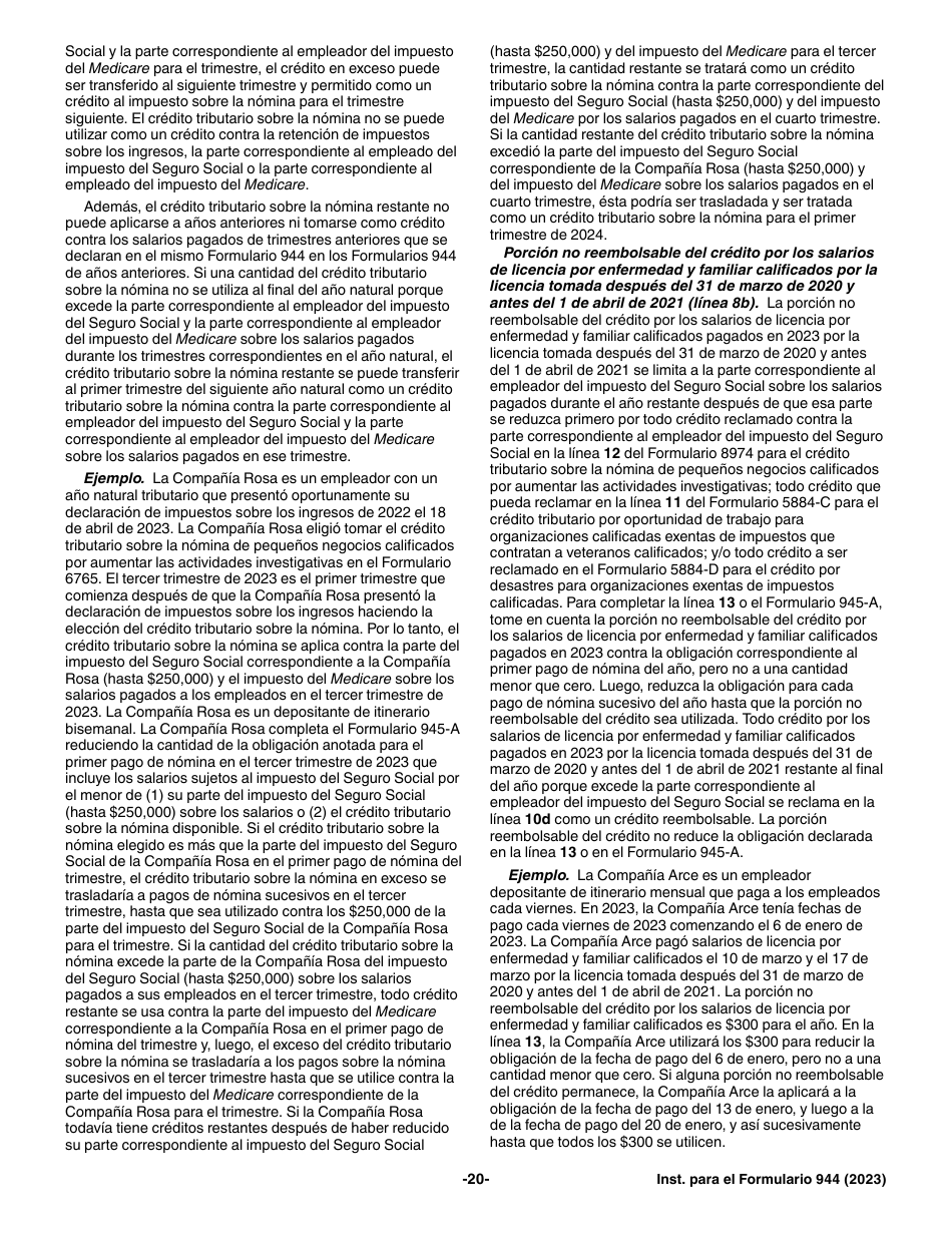 Instrucciones para IRS Formulario 944 (SP) Declaracion Del Impuesto Federal Anual Del Empleador (Spanish), Page 20